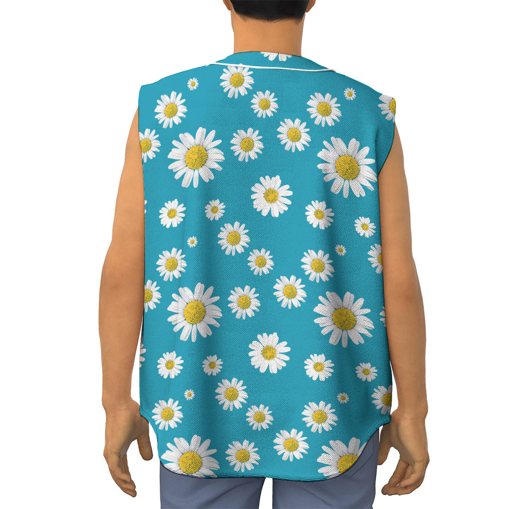Blue Daisy Flower Pattern Print Sleeveless Baseball Jersey