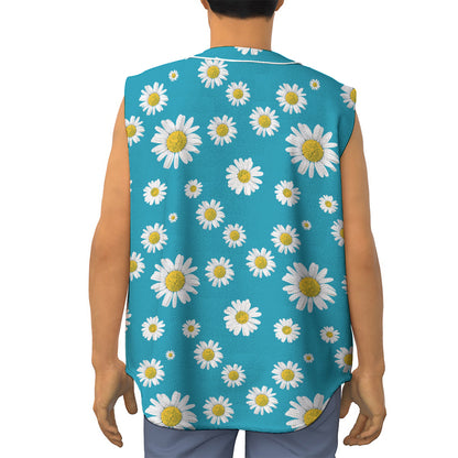 Blue Daisy Flower Pattern Print Sleeveless Baseball Jersey