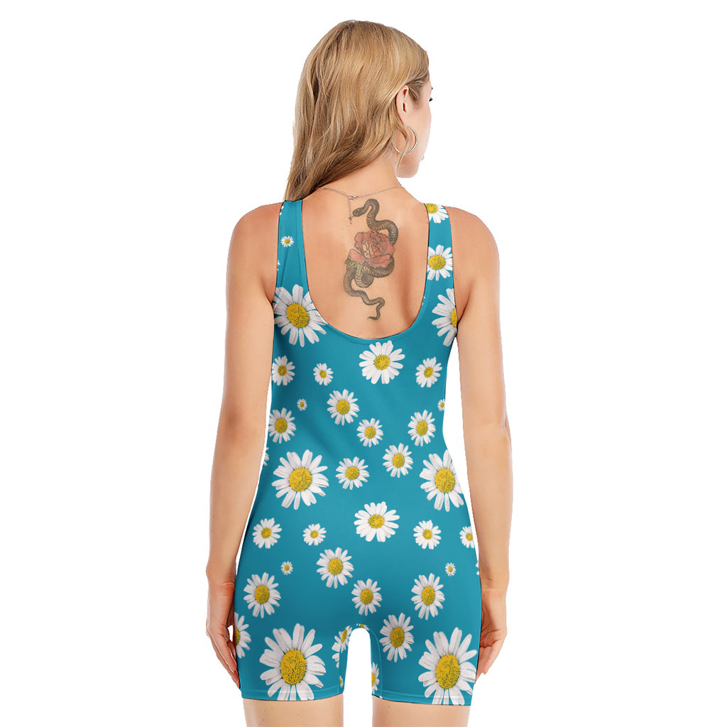 Blue Daisy Flower Pattern Print Sleeveless One Piece Swimsuit