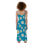 Blue Daisy Flower Pattern Print Slim Fit Midi Cami Dress