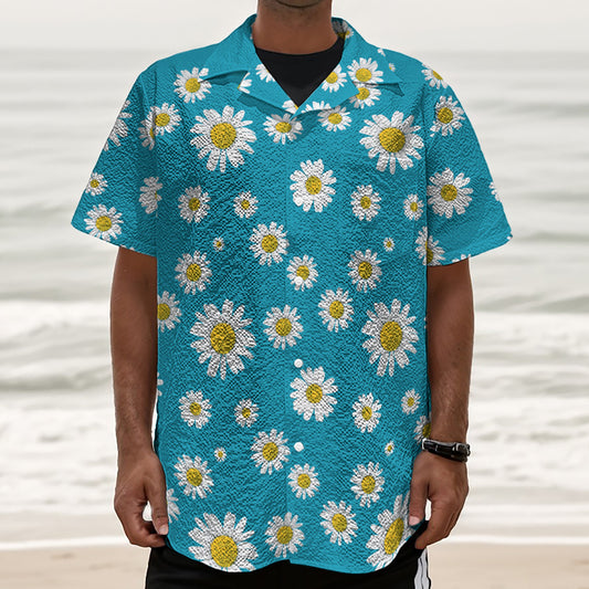 Blue Daisy Flower Pattern Print Textured Short Sleeve Shirt