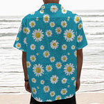 Blue Daisy Flower Pattern Print Textured Short Sleeve Shirt