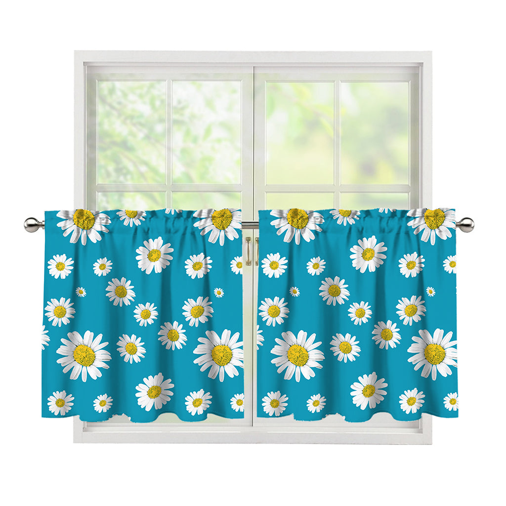 Blue Daisy Flower Pattern Print Tier Curtains