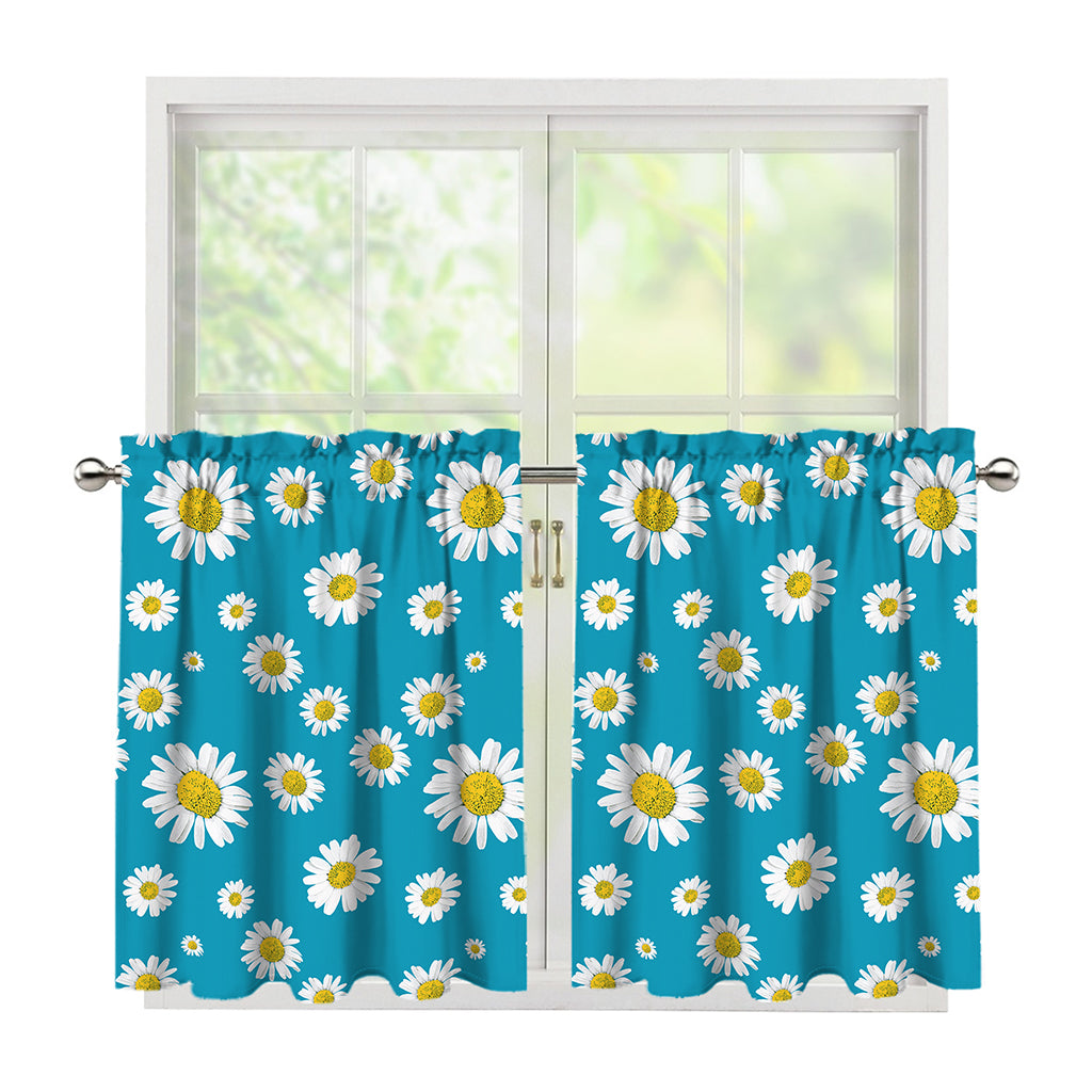 Blue Daisy Flower Pattern Print Tier Curtains