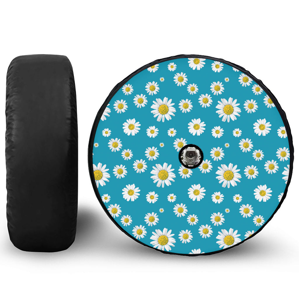 Blue Daisy Flower Pattern Print Tire Cover With Camera Hole