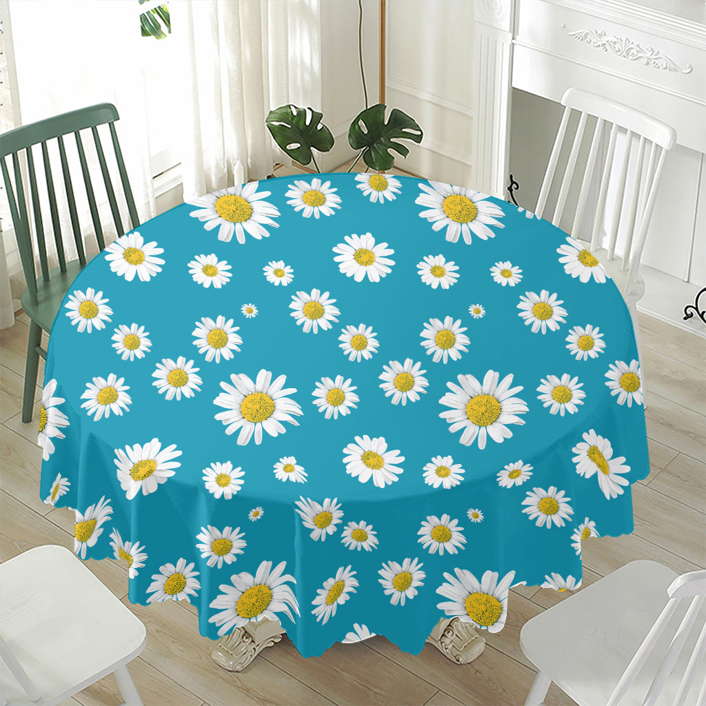 Blue Daisy Flower Pattern Print Waterproof Round Tablecloth