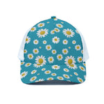 Blue Daisy Flower Pattern Print White Mesh Trucker Cap