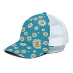 Blue Daisy Flower Pattern Print White Mesh Trucker Cap