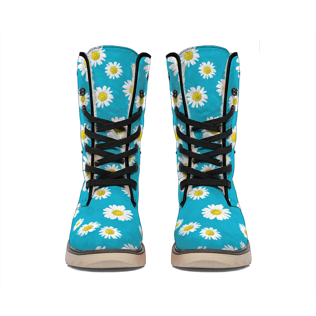 Blue Daisy Flower Pattern Print Winter Boots