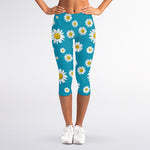 Blue Daisy Flower Pattern Print Women's Capri Leggings