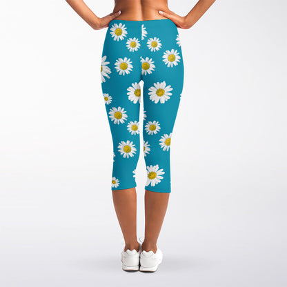 Blue Daisy Flower Pattern Print Women's Capri Leggings