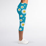Blue Daisy Flower Pattern Print Women's Capri Leggings