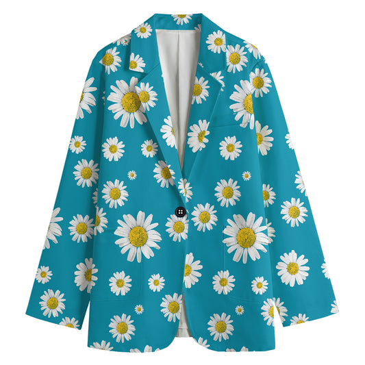 Blue Daisy Flower Pattern Print Women's Cotton Blazer