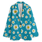 Blue Daisy Flower Pattern Print Women's Cotton Blazer