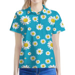 Blue Daisy Flower Pattern Print Women's Polo Shirt