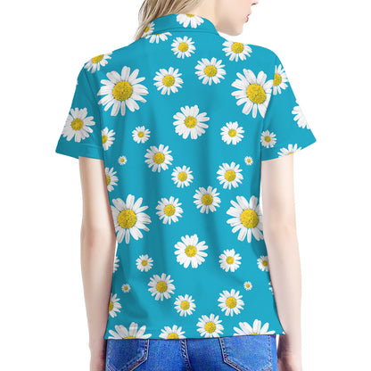 Blue Daisy Flower Pattern Print Women's Polo Shirt