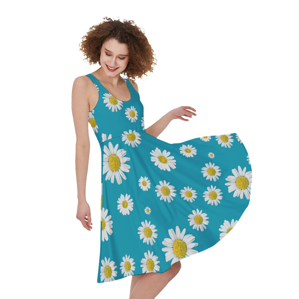 Blue Daisy Flower Pattern Print Women's Sleeveless Dress