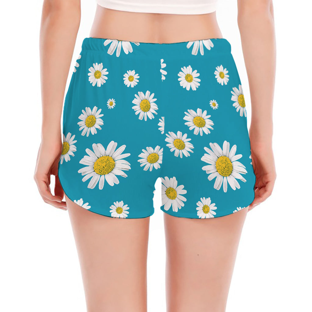 Blue Daisy Flower Pattern Print Women's Split Running Shorts