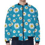 Blue Daisy Flower Pattern Print Zip Sleeve Bomber Jacket