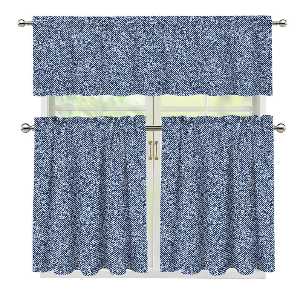 Blue Denim Jeans Pattern Print 3 Piece Kitchen Curtains