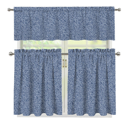 Blue Denim Jeans Pattern Print 3 Piece Kitchen Curtains
