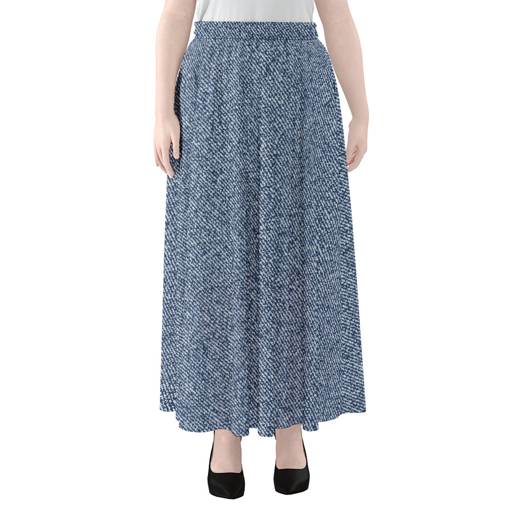 Blue Denim Jeans Pattern Print Chiffon Maxi Skirt