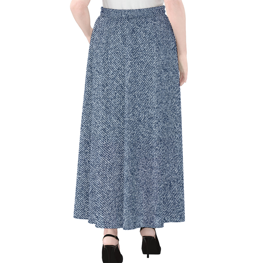 Blue Denim Jeans Pattern Print Chiffon Maxi Skirt