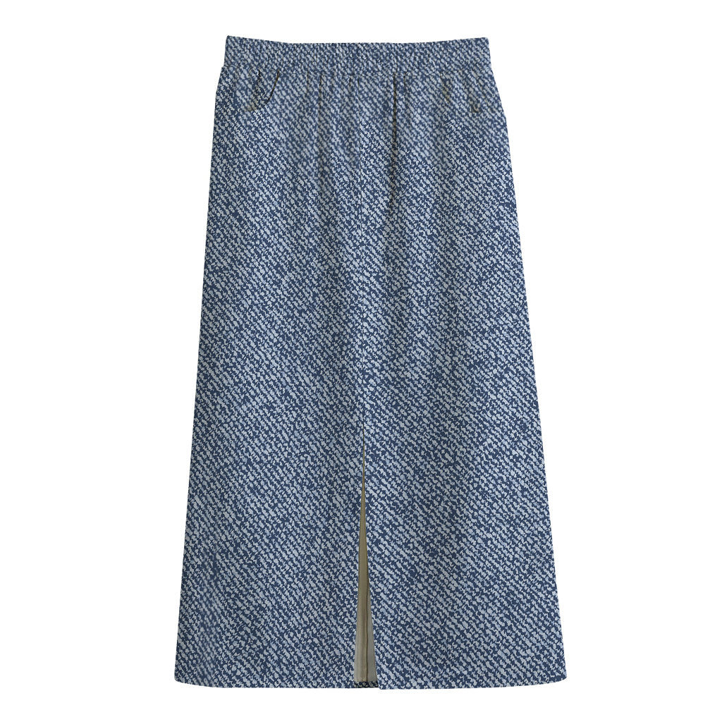 Blue Denim Jeans Pattern Print Cotton Front Slit Maxi Skirt
