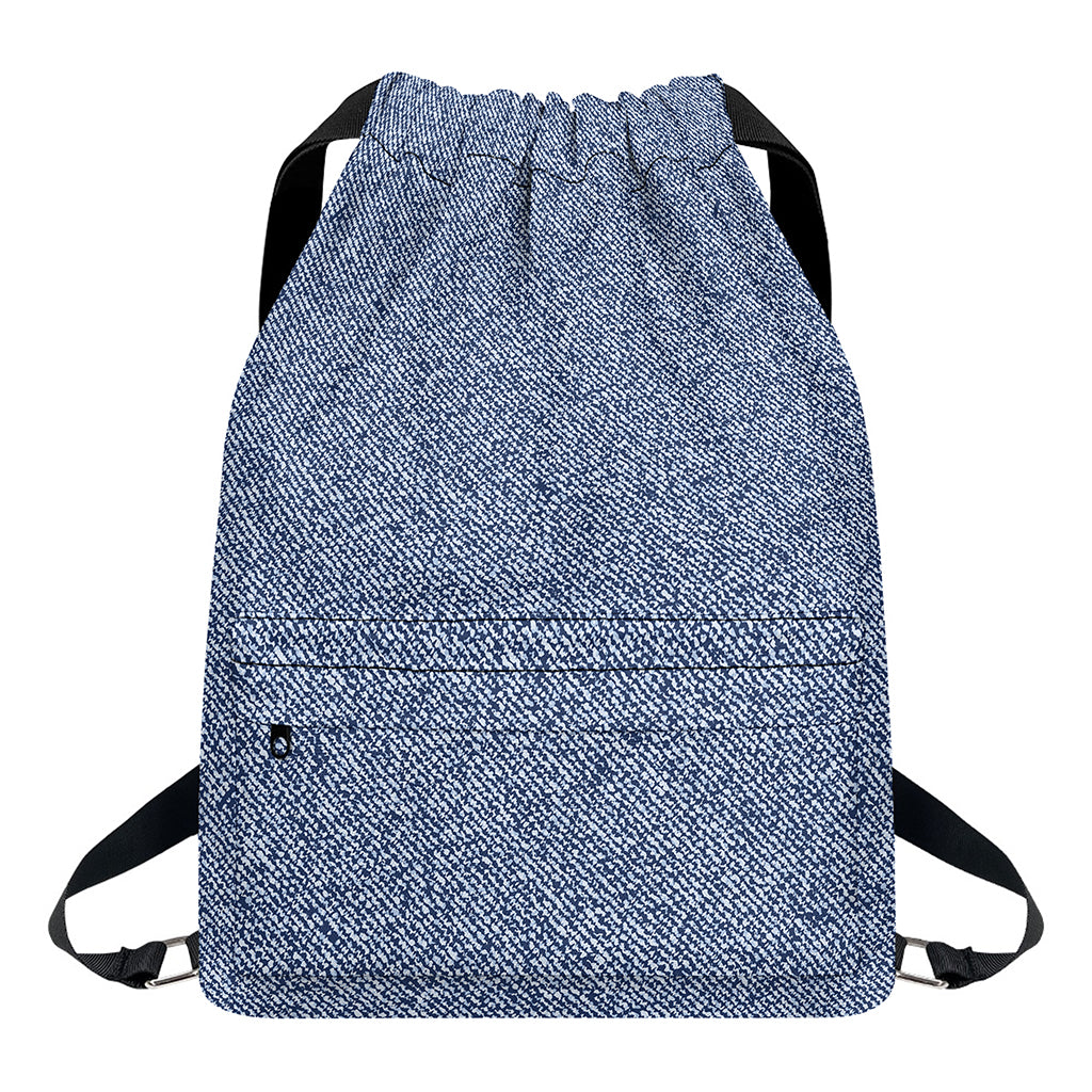 Blue Denim Jeans Pattern Print Drawstring Backpack