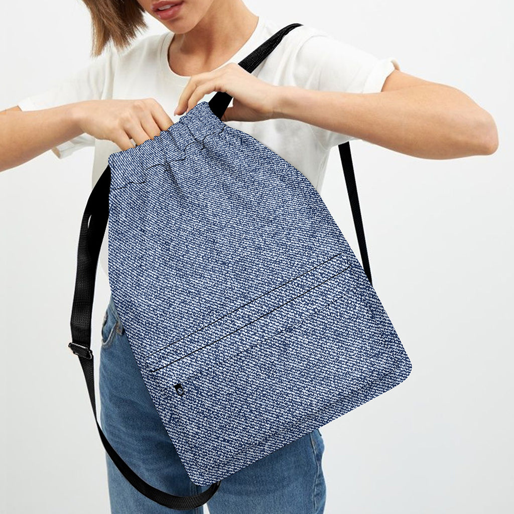 Blue Denim Jeans Pattern Print Drawstring Backpack
