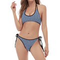 Blue Denim Jeans Pattern Print Halter Scoop Tie Side Bikini