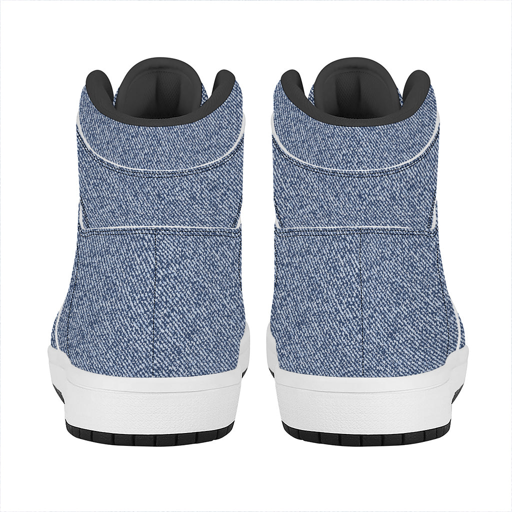 Blue Denim Jeans Pattern Print High Top Leather Sneakers