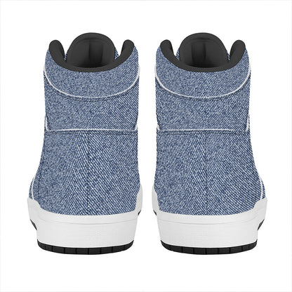 Blue Denim Jeans Pattern Print High Top Leather Sneakers