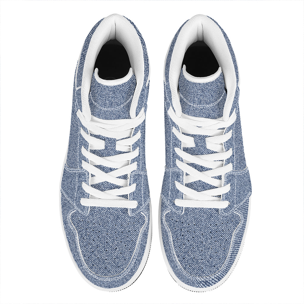 Blue Denim Jeans Pattern Print High Top Leather Sneakers