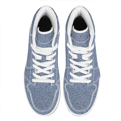 Blue Denim Jeans Pattern Print High Top Leather Sneakers
