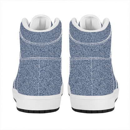 Blue Denim Jeans Pattern Print High Top Leather Sneakers