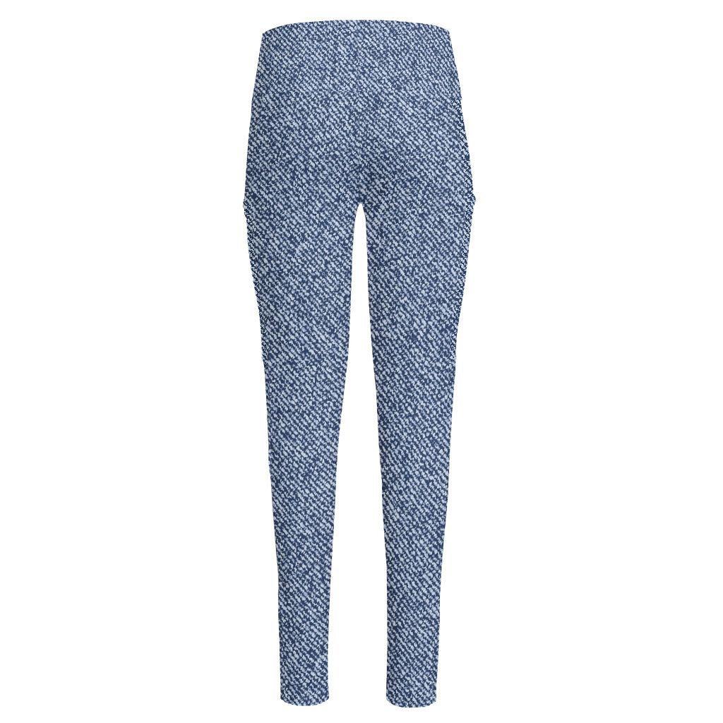 Blue Denim Jeans Pattern Print High-Waisted Pocket Leggings