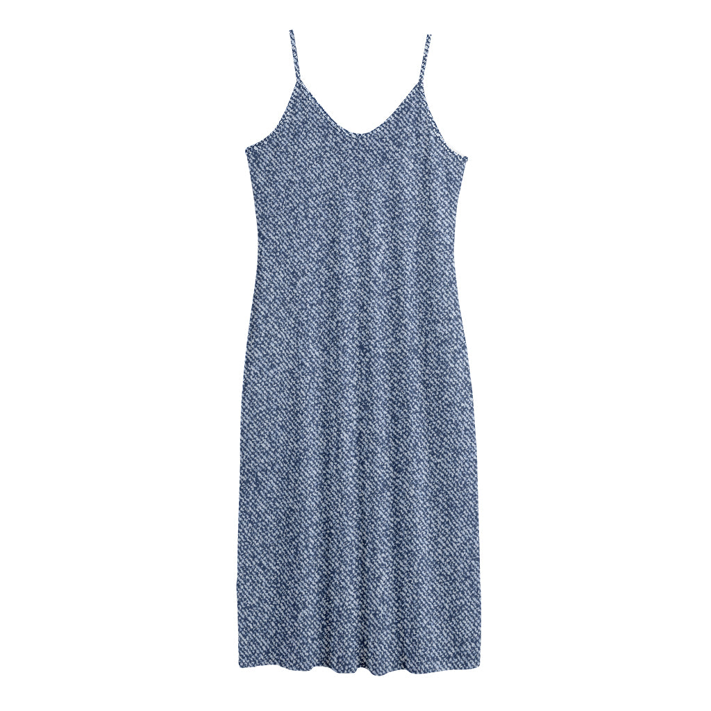 Blue Denim Jeans Pattern Print Jersey Midi Cami Dress