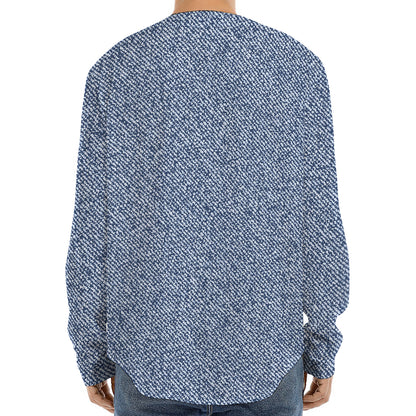 Blue Denim Jeans Pattern Print Long Sleeve Baseball Jersey