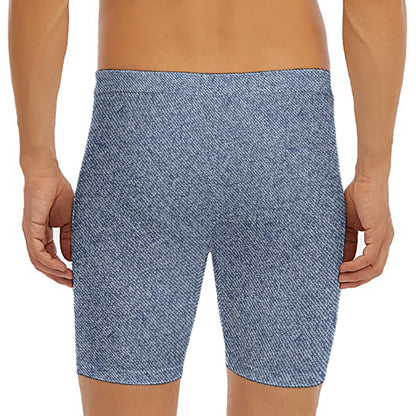 Blue Denim Jeans Pattern Print Men's Long Boxer Briefs