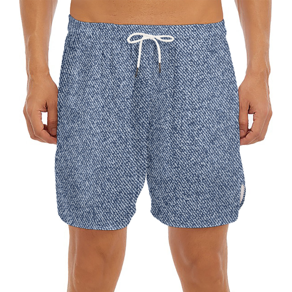 Blue Denim Jeans Pattern Print Men's Split Running Shorts