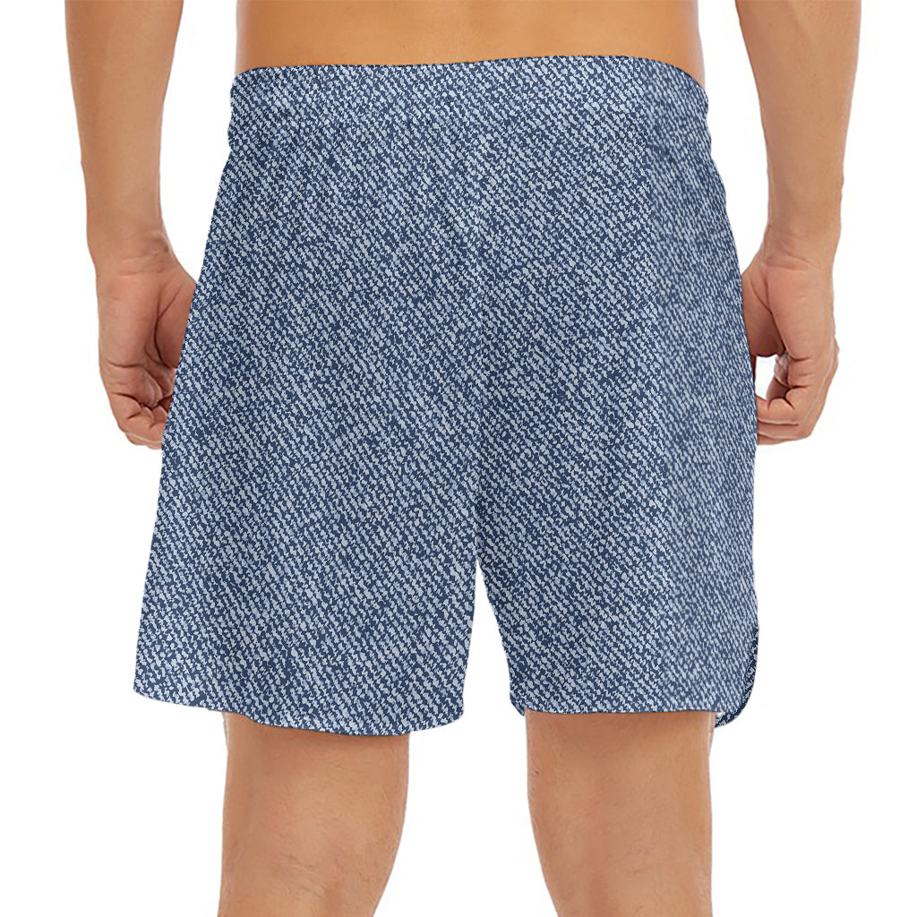 Blue Denim Jeans Pattern Print Men's Split Running Shorts