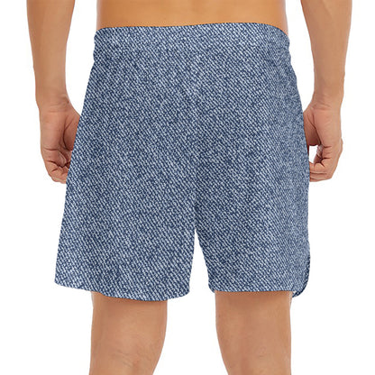 Blue Denim Jeans Pattern Print Men's Split Running Shorts