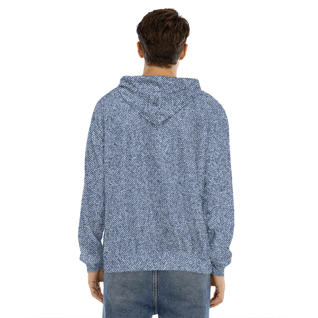 Blue Denim Jeans Pattern Print Men's Velvet Pullover Hoodie