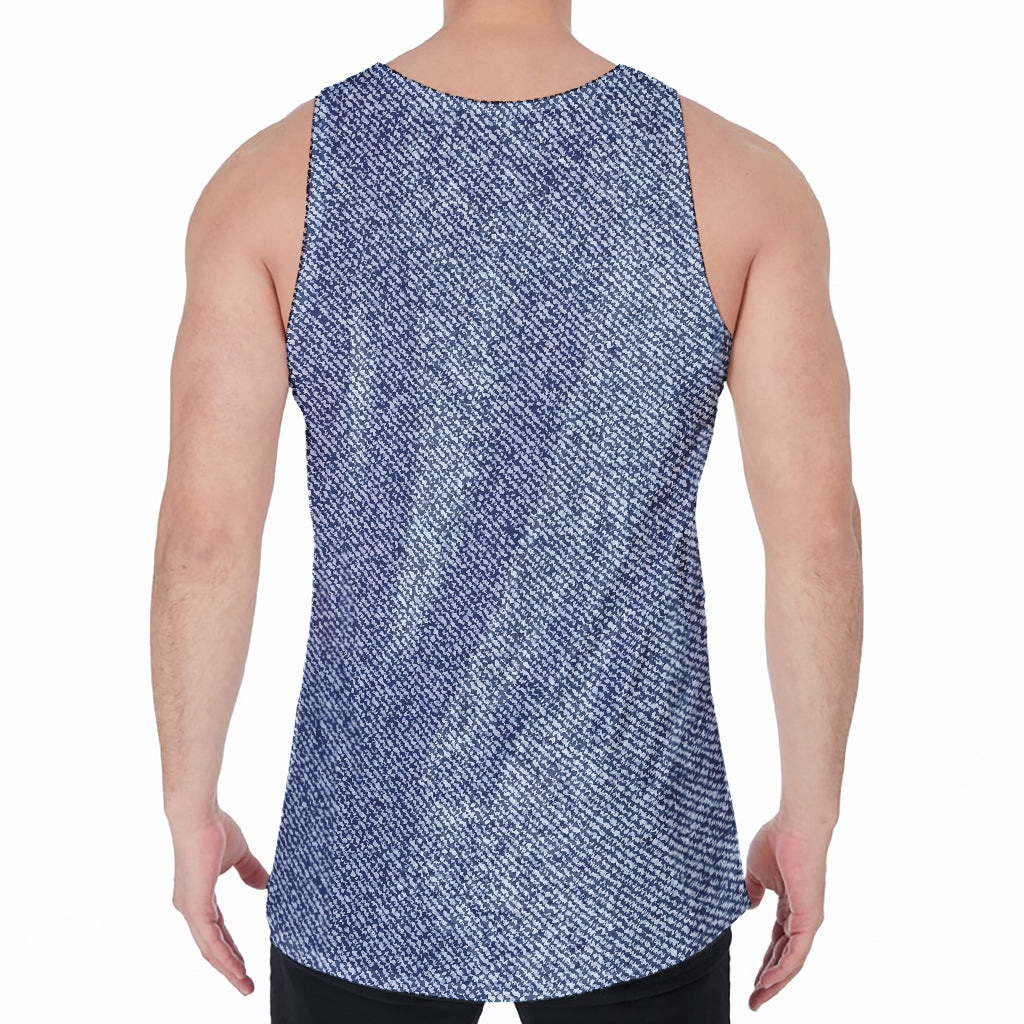 Blue Denim Jeans Pattern Print Men's Velvet Tank Top
