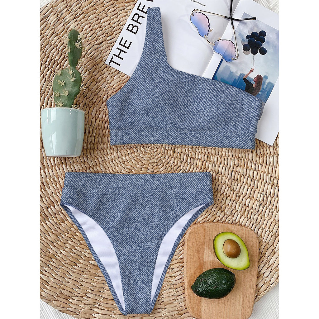 Blue Denim Jeans Pattern Print One Shoulder Bikini Top