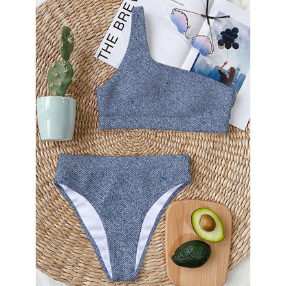 Blue Denim Jeans Pattern Print One Shoulder Bikini Top