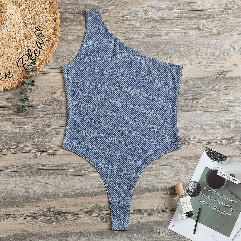 Blue Denim Jeans Pattern Print One Shoulder Bodysuit