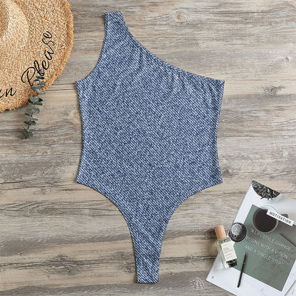 Blue Denim Jeans Pattern Print One Shoulder Bodysuit