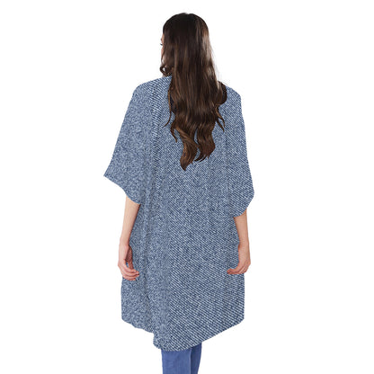 Blue Denim Jeans Pattern Print Open Front Beach Cover Up